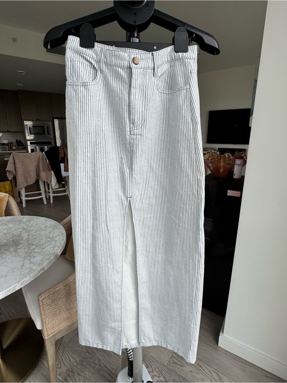 Zara Blue White Pinstripe Maxi Skirt Front Slit XS